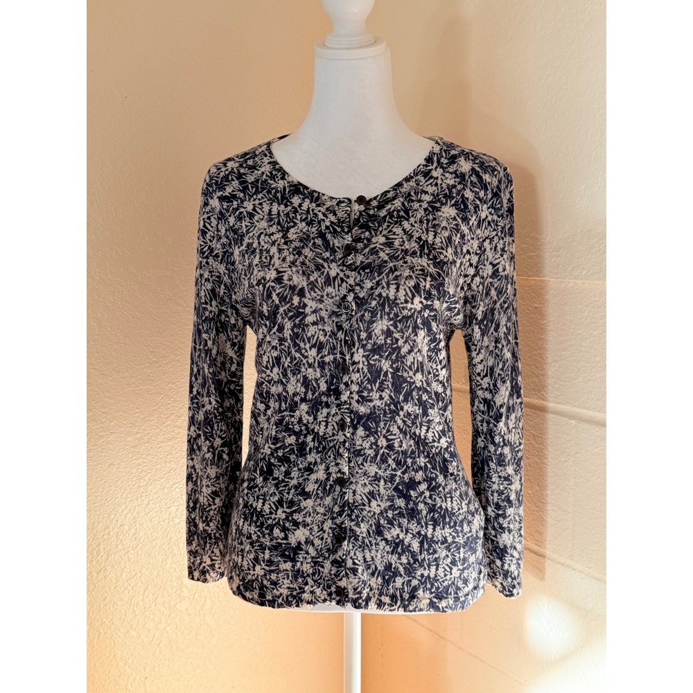 Garnet Hill Sweater‎ Women's Sz S Blue Floral Button Front Long Sleeve Wool